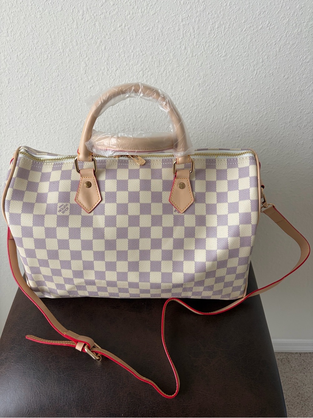 Fashion Monogram Cream Checkered Speedy Satchel